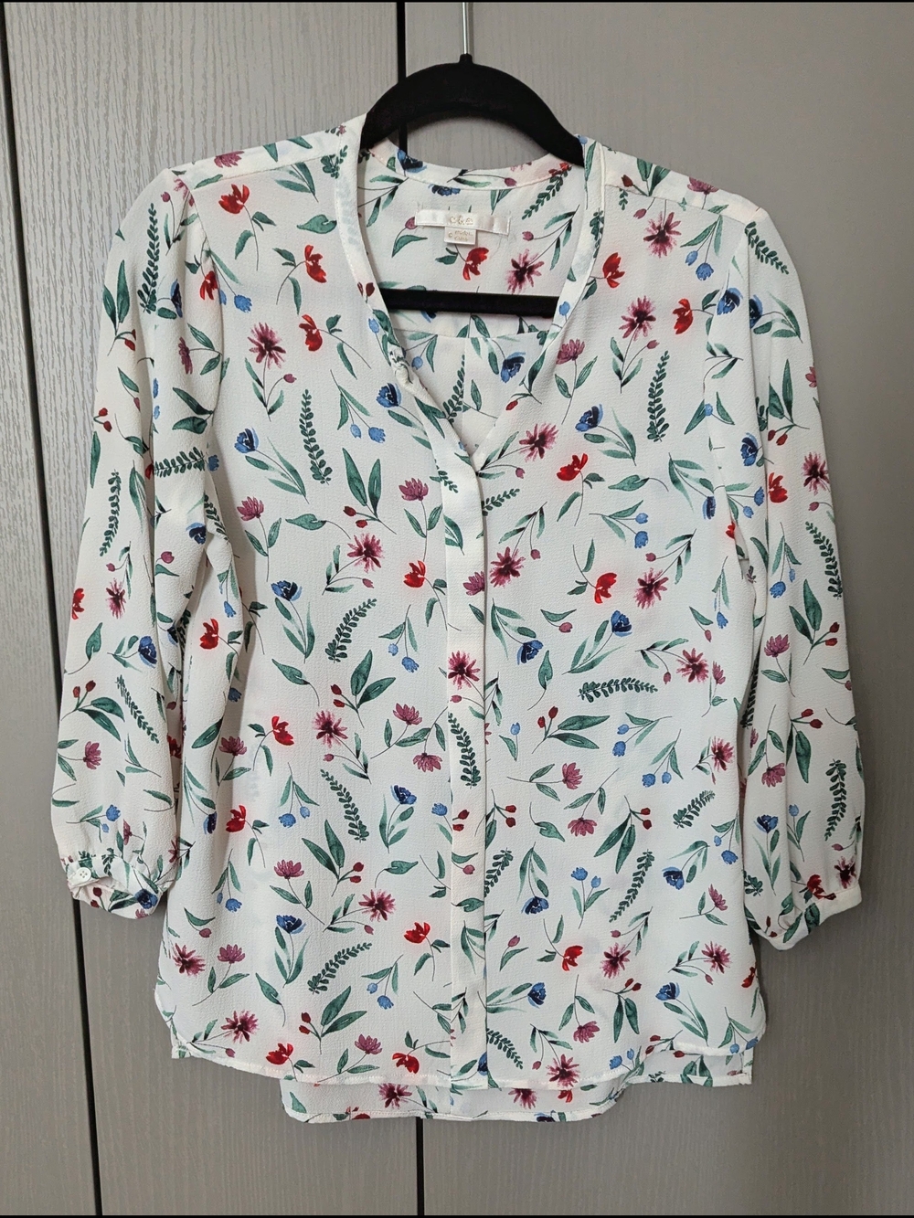 Floral V-Neck Button Front Blouse - White with Red & Blue Flowers